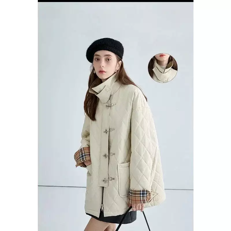 Vintage Autumn Winter Casual Retro Style Single Breasted Parkas Plaid Jacket For Women