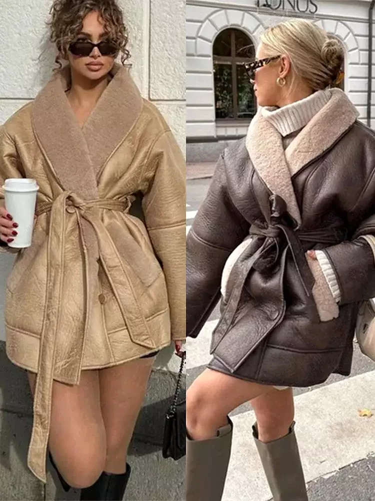 Winter Thick Plush Leather Jacket Women Fashion Single Breasted Womens Easy Wrap Overcoat