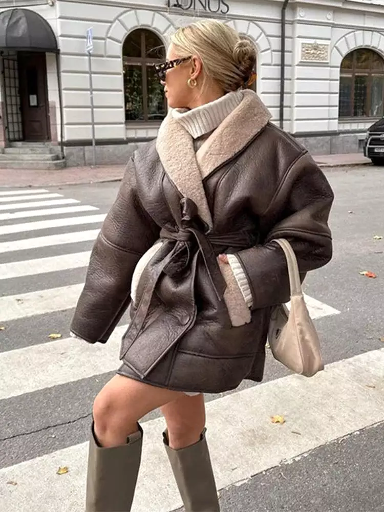 Winter Thick Plush Leather Jacket Women Fashion Single Breasted Womens Easy Wrap Overcoat