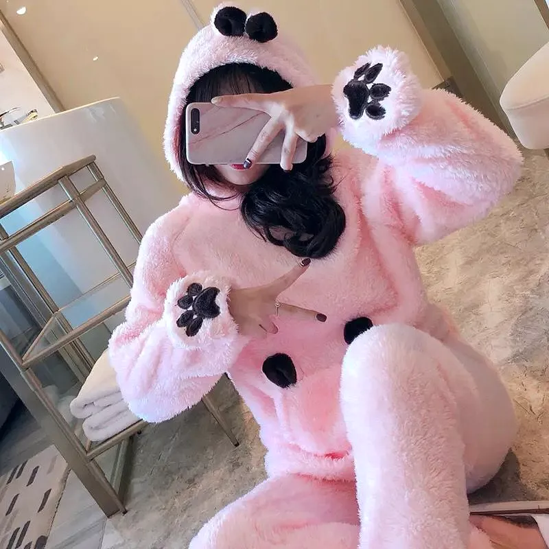 Winter Warm Flannel Pajamas Set Women's Autumn Women Pyjamas Sets Thick Coral Velvet Long Sleeve Cartoon Hooded Sleepwear S47776