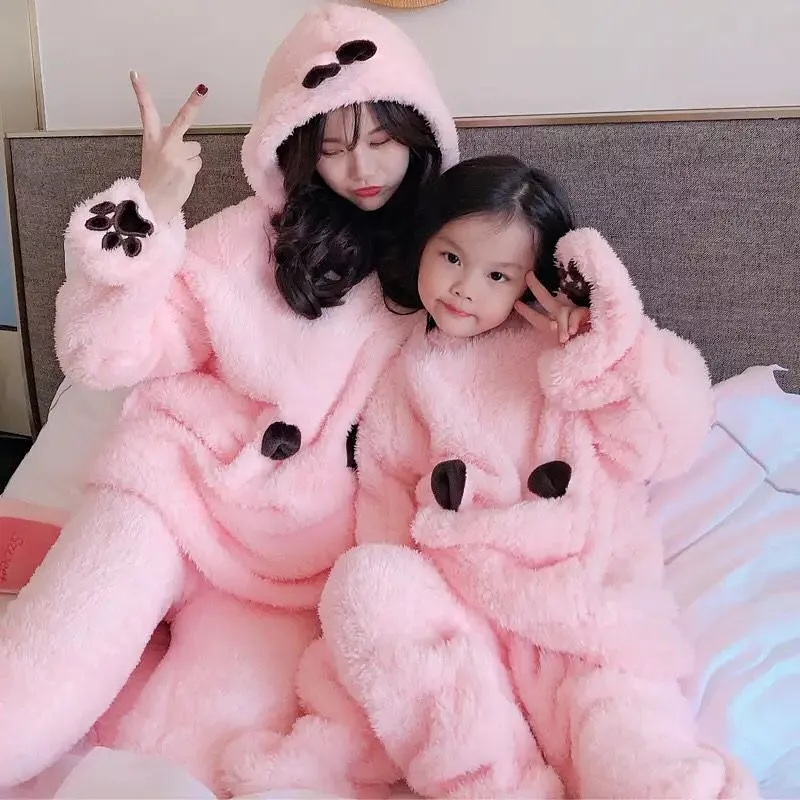 Winter Warm Flannel Pajamas Set Women's Autumn Women Pyjamas Sets Thick Coral Velvet Long Sleeve Cartoon Hooded Sleepwear S47776