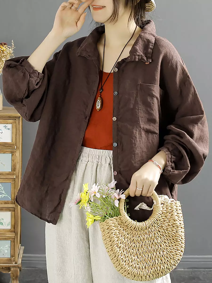 Women Casual Spring Solid Linen Shirt