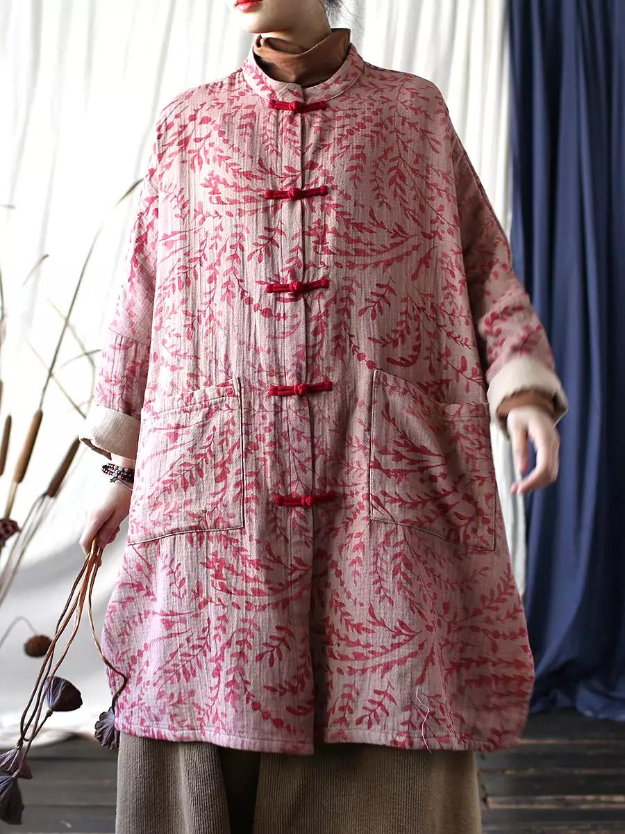 Women Ethnic Leaf Print Spring Long Shirt Coat