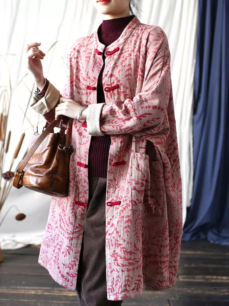 Women Ethnic Leaf Print Spring Long Shirt Coat