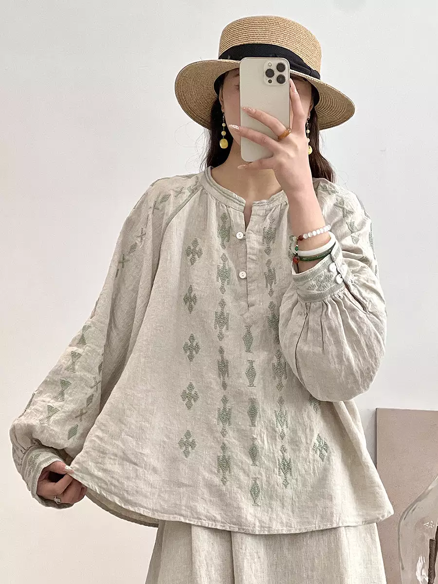 Women Ethnic Print Spring Loose Linen Shirt