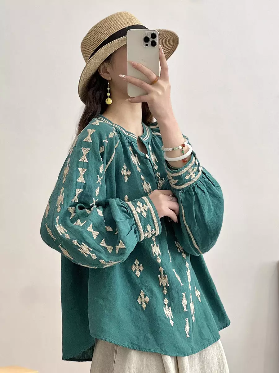 Women Ethnic Print Spring Loose Linen Shirt