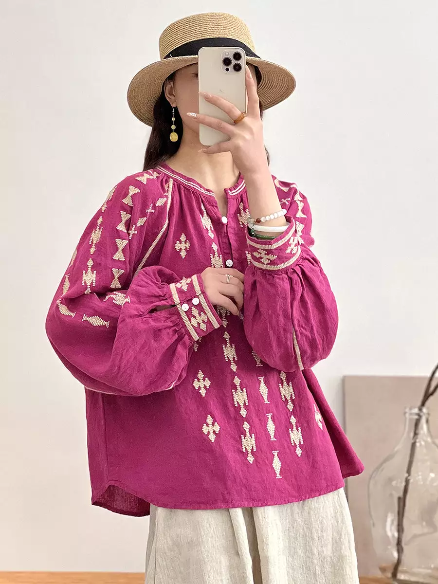 Women Ethnic Print Spring Loose Linen Shirt