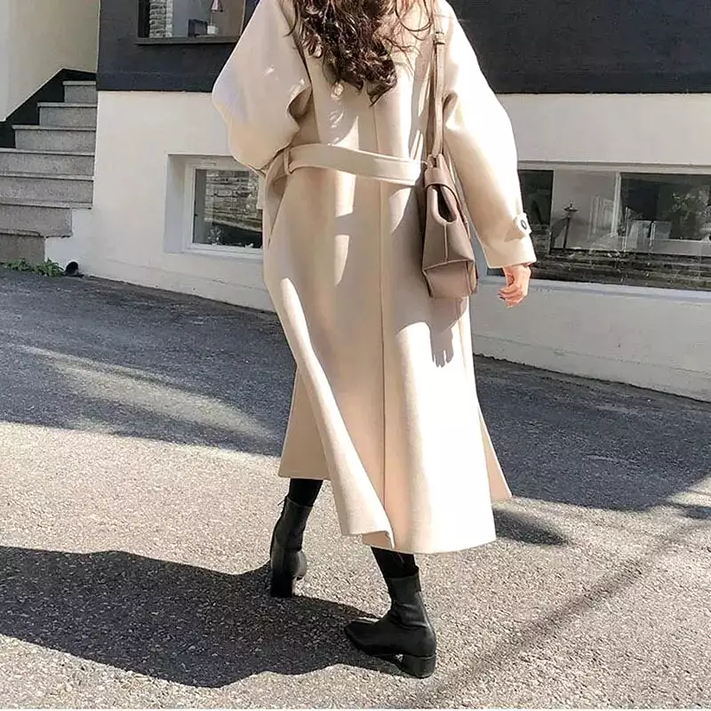 Women Faux Woolen Coats Fashion Elegant Solid Belt Thickening Long Jacket