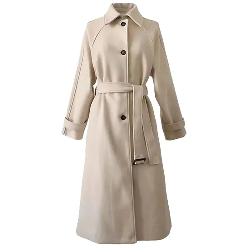 Women Faux Woolen Coats Fashion Elegant Solid Belt Thickening Long Jacket