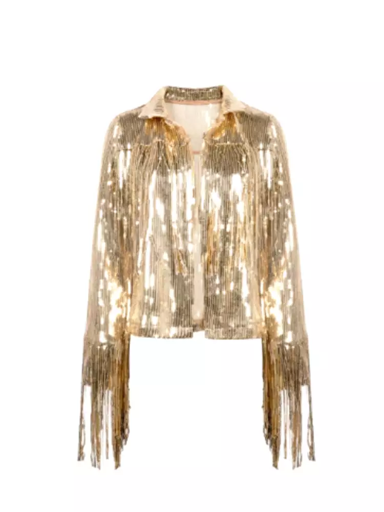 Women Jacket Spring 2023 Tassel Sequin Jacket Fashion Fringed Retro Long-sleeved Silver Reflective Jacket Women Outwear Tops