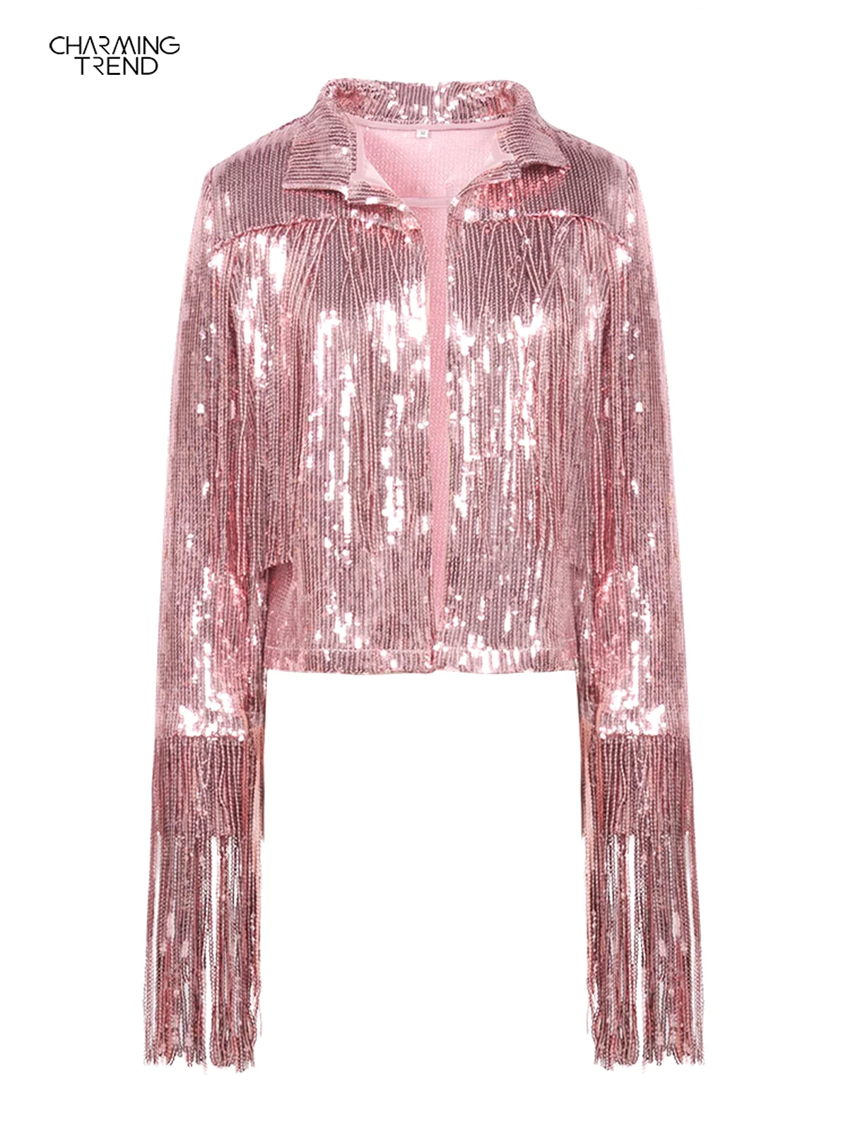 Women Jacket Spring 2023 Tassel Sequin Jacket Fashion Fringed Retro Long-sleeved Silver Reflective Jacket Women Outwear Tops