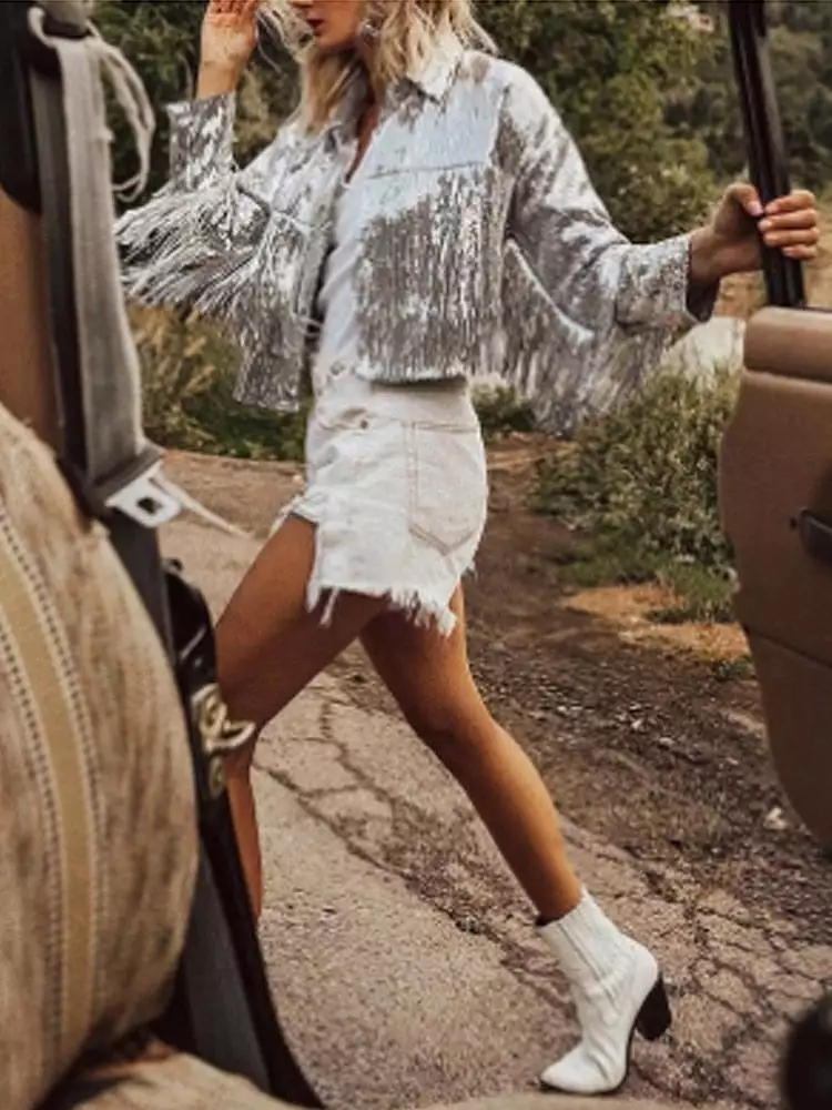 Women Jacket Spring 2023 Tassel Sequin Jacket Fashion Fringed Retro Long-sleeved Silver Reflective Jacket Women Outwear Tops