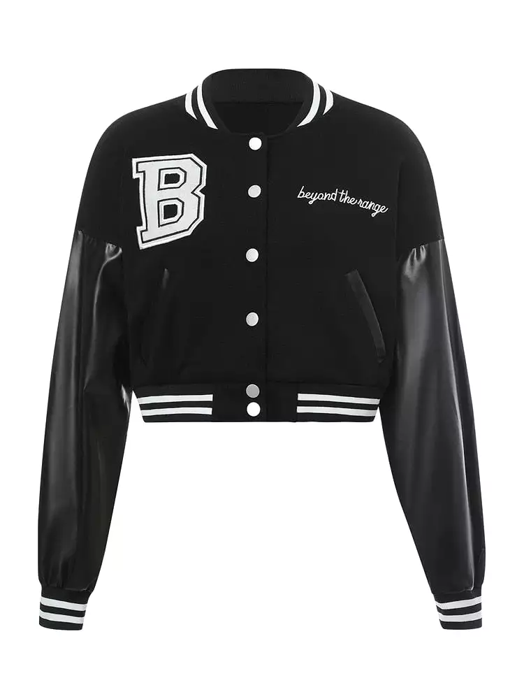 Women Letters Baseball Jacket Autumn Hip Hop Streetwear PU Leather Long Sleeve