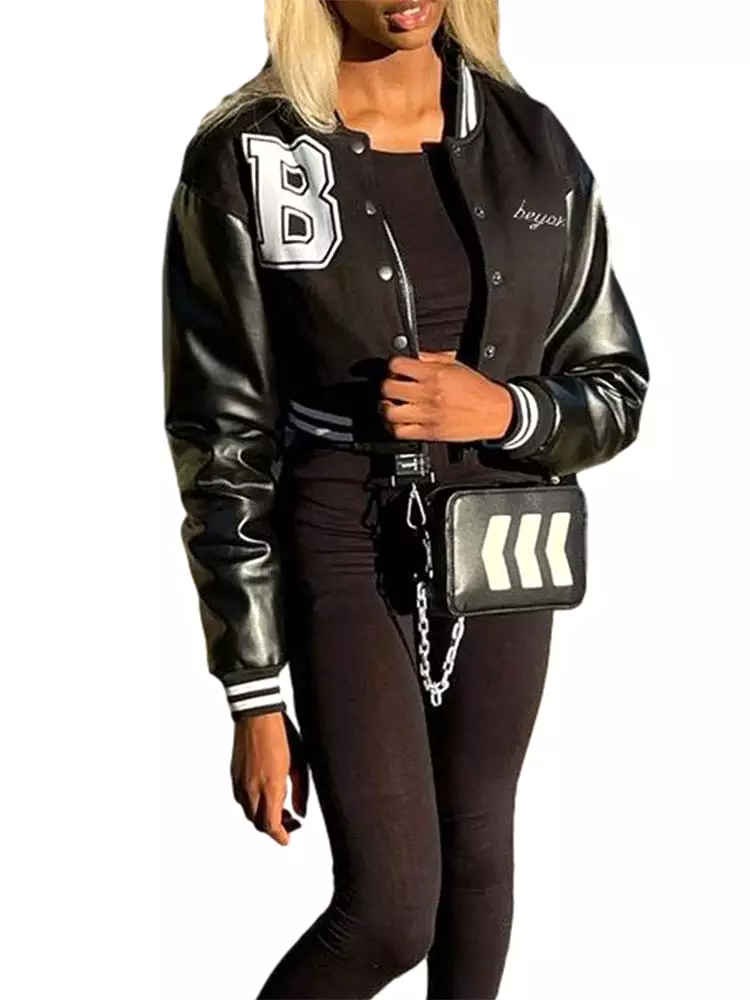 Women Letters Baseball Jacket Autumn Hip Hop Streetwear PU Leather Long Sleeve