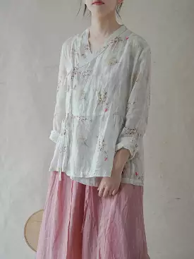 Women Retro Style Flower Drawstring Loose Shirt