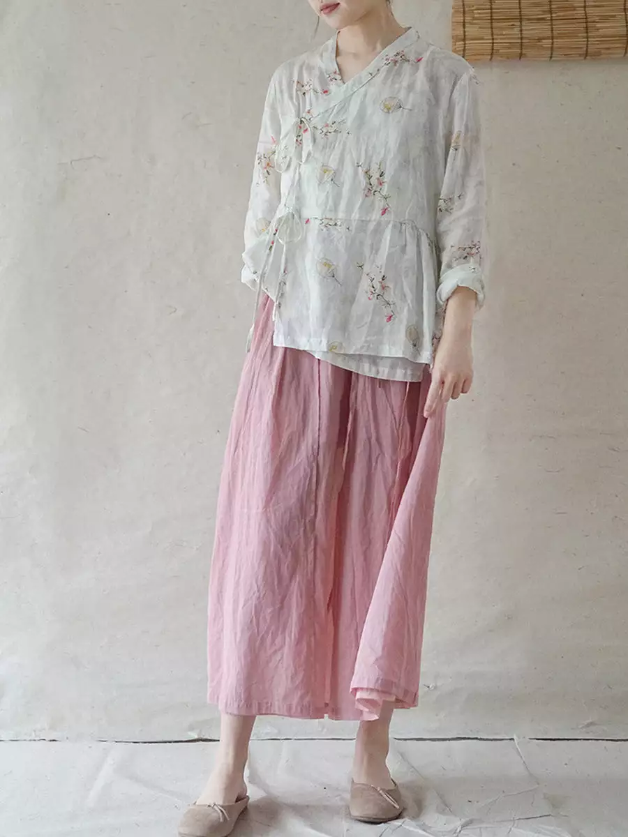 Women Retro Style Flower Drawstring Loose Shirt