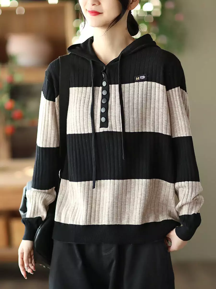 Women Spring Casual Stripe Button Loose Hooded Shirt