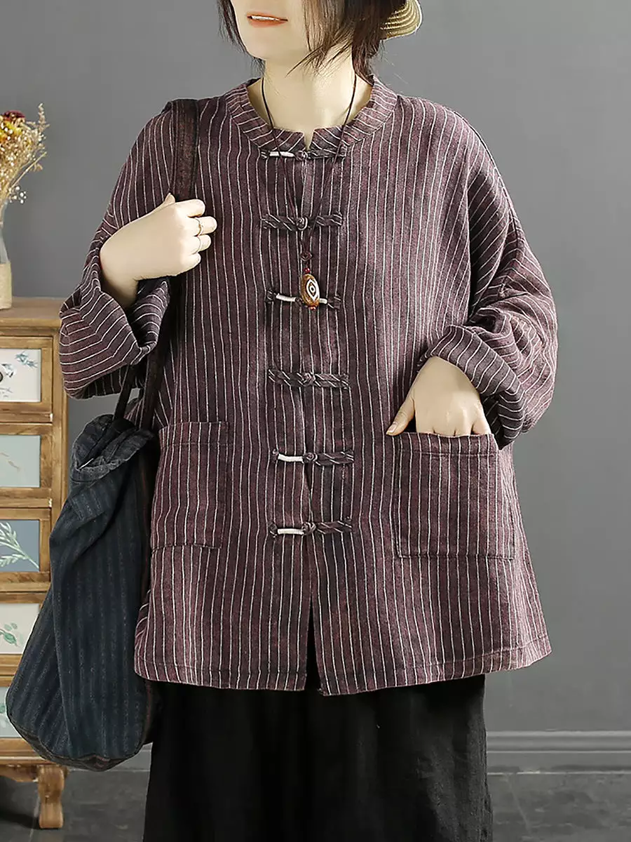 Women Spring Ethnic Stripe Loose Linen Shirt