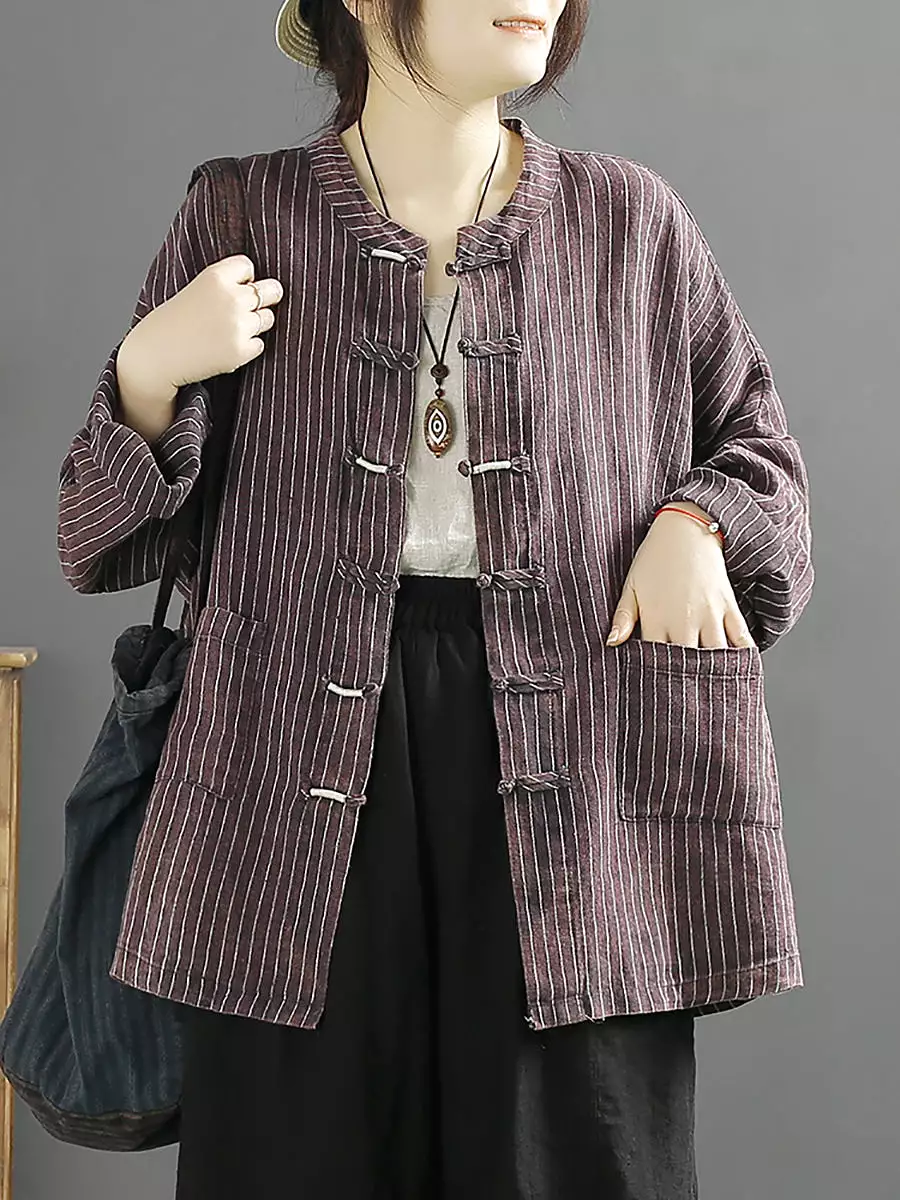 Women Spring Ethnic Stripe Loose Linen Shirt