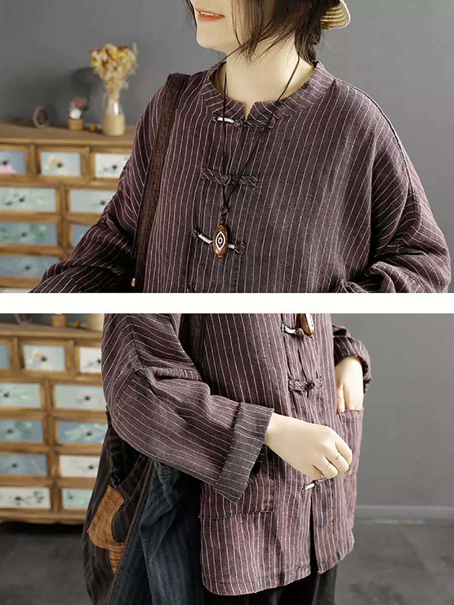 Women Spring Ethnic Stripe Loose Linen Shirt