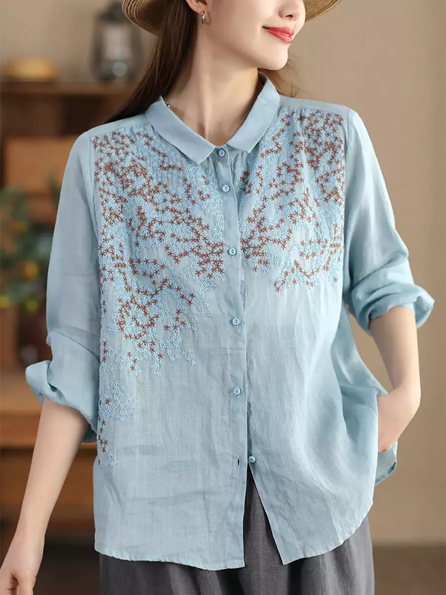 Women Spring Flower Embroidery Ramie Shirt