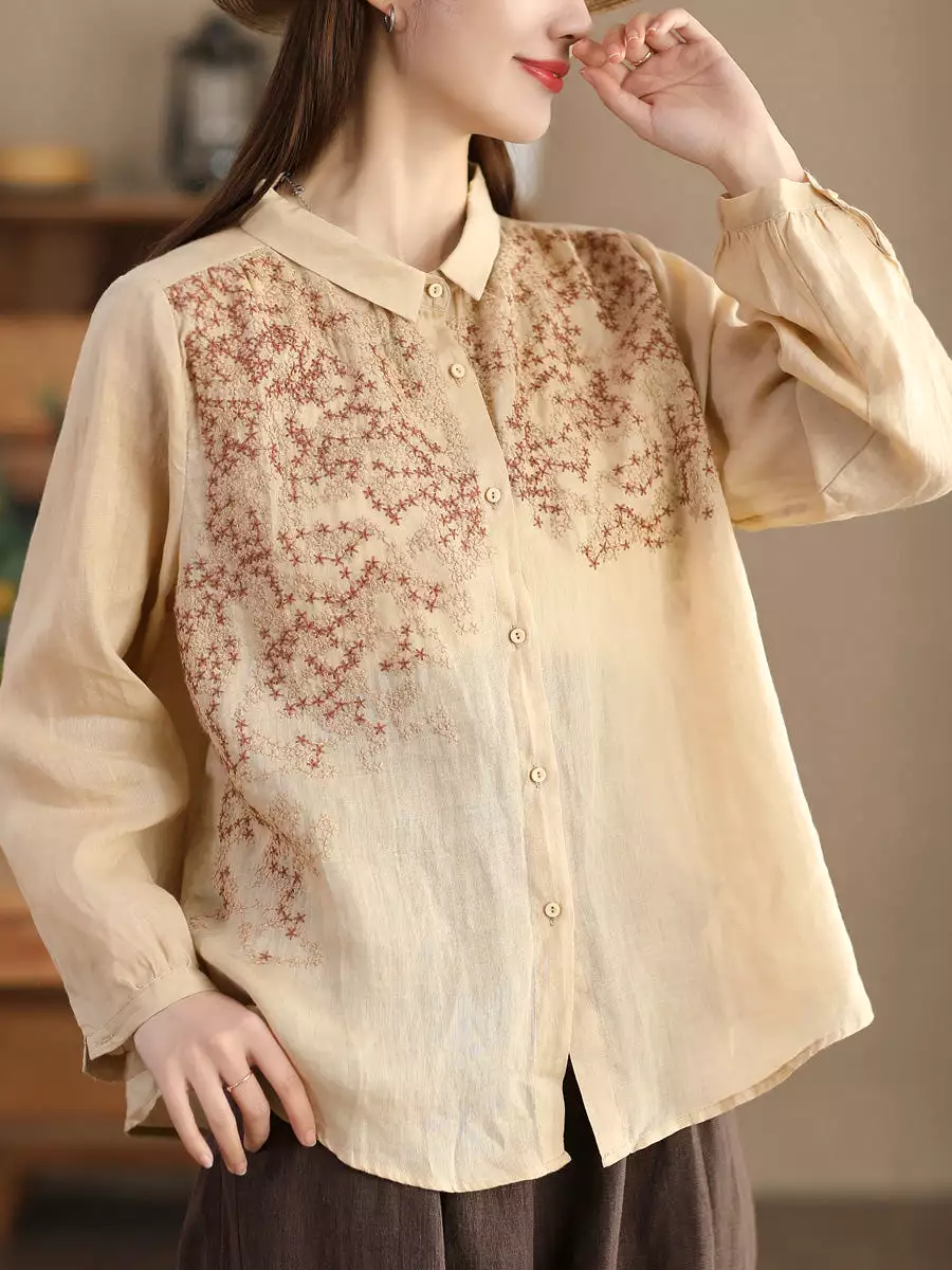 Women Spring Flower Embroidery Ramie Shirt