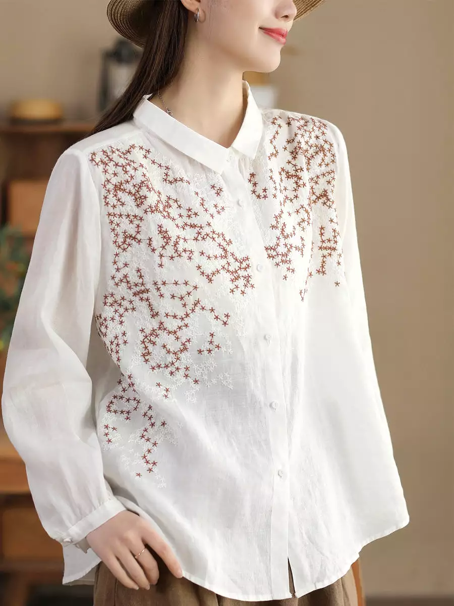 Women Spring Flower Embroidery Ramie Shirt