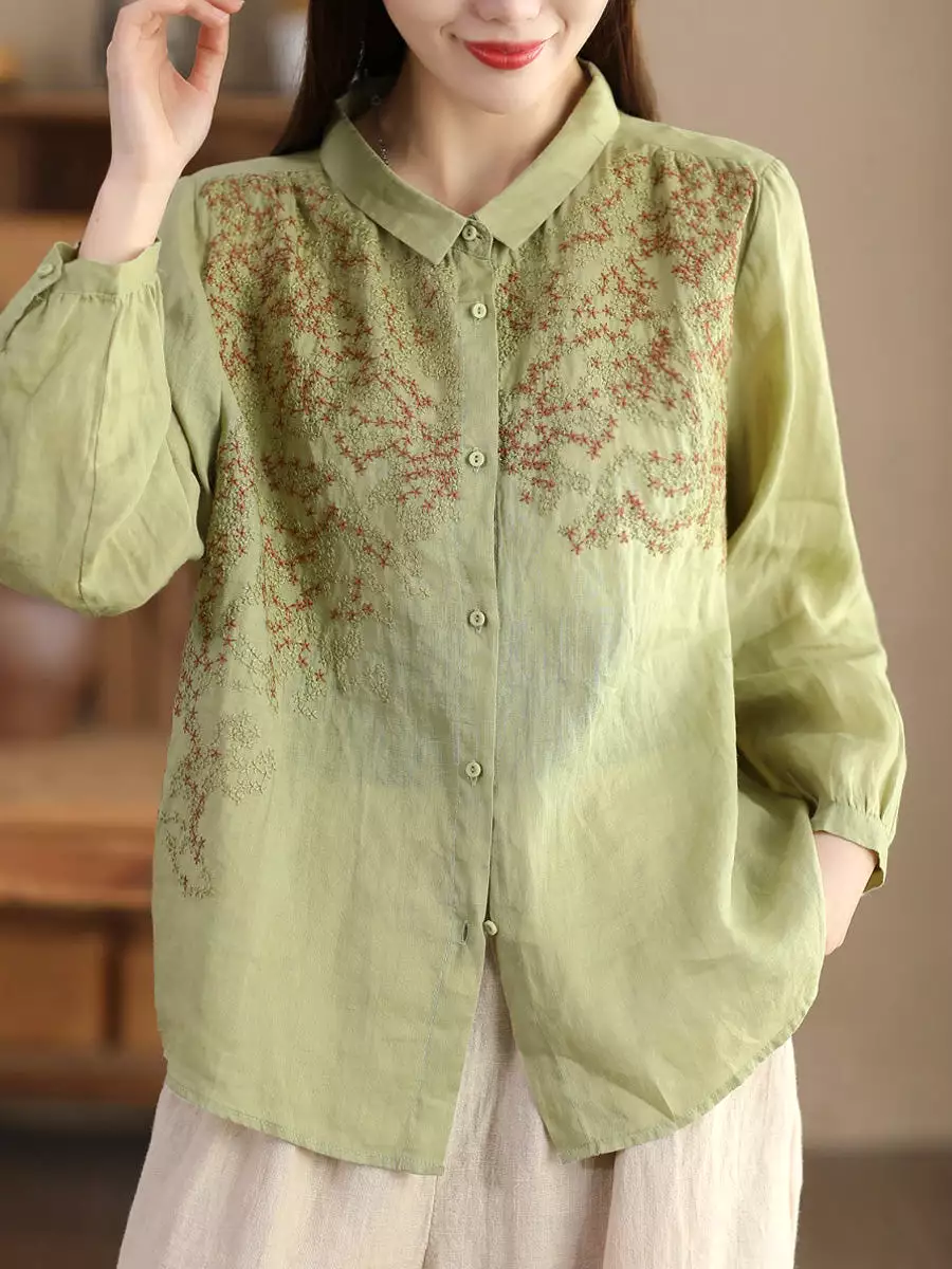 Women Spring Flower Embroidery Ramie Shirt