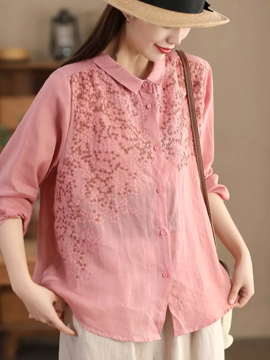 Women Spring Flower Embroidery Ramie Shirt