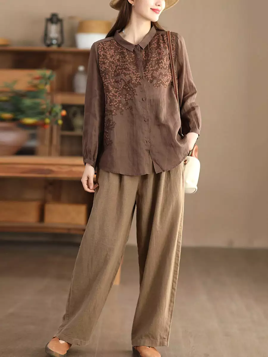 Women Spring Flower Embroidery Ramie Shirt