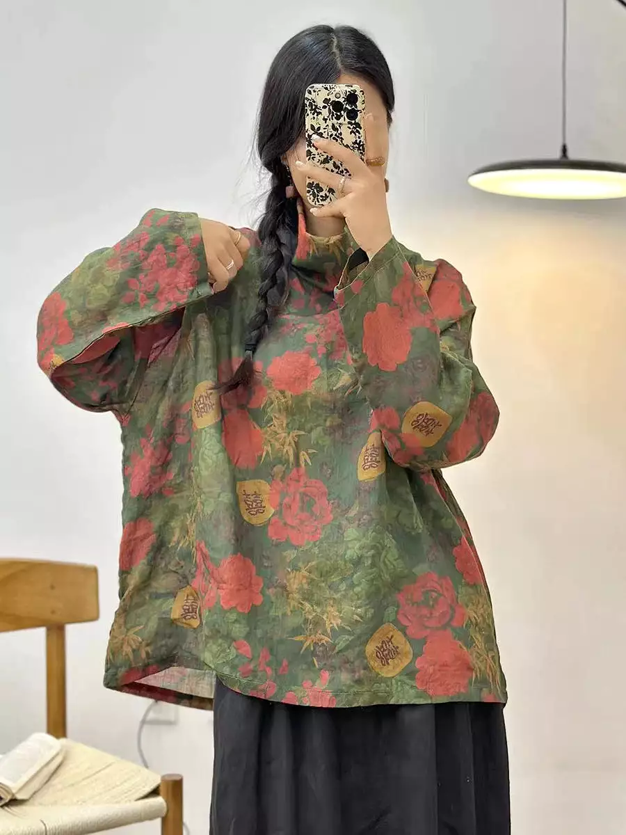 Women Spring Flower Print Ramie Pile Collar Shirt