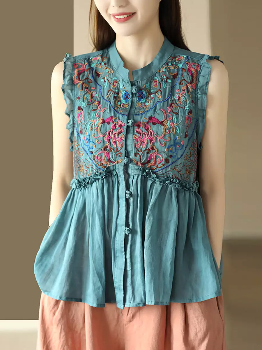 Women Vintage Embroidery Frog Agaric Lace Sleeveless Shirt