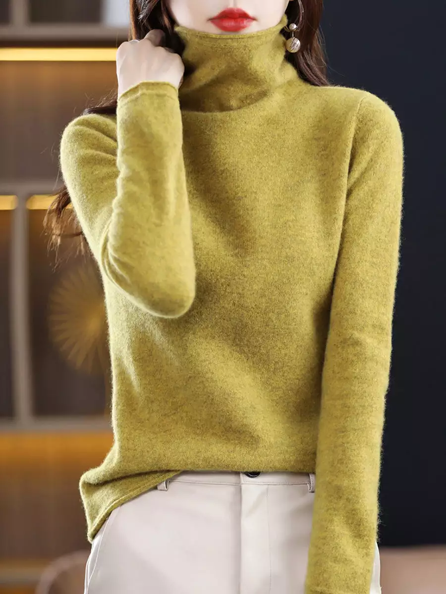 Women Winter 100%Wool Solid Turtleneck Baseshirt