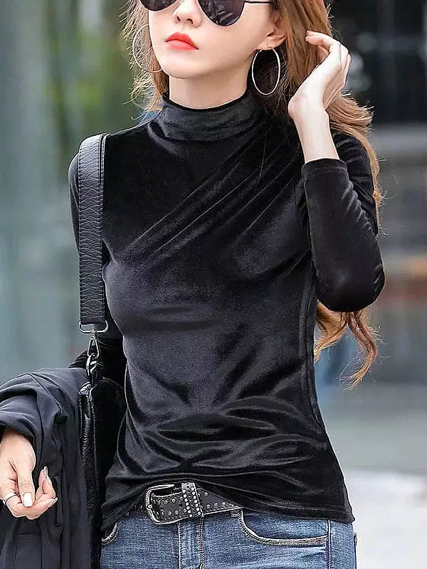 Women's High Neck Velvet Shirt Blouse with Long Sleeves