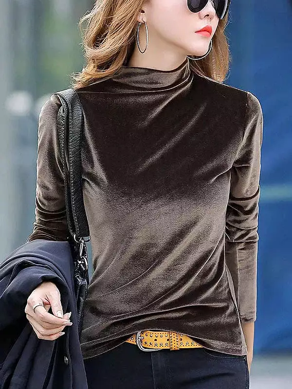 Women's High Neck Velvet Shirt Blouse with Long Sleeves