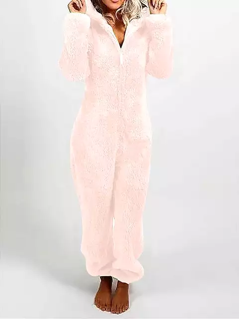 Women's Light Pink Claret Plush Hooded Onesie Pajamas for Adults