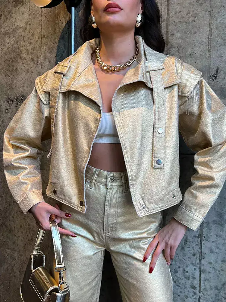 Women's Shinny Metallic Gold & Silver Jacket 2023 Autumn Turn Down Collar Loose Casual Jackets