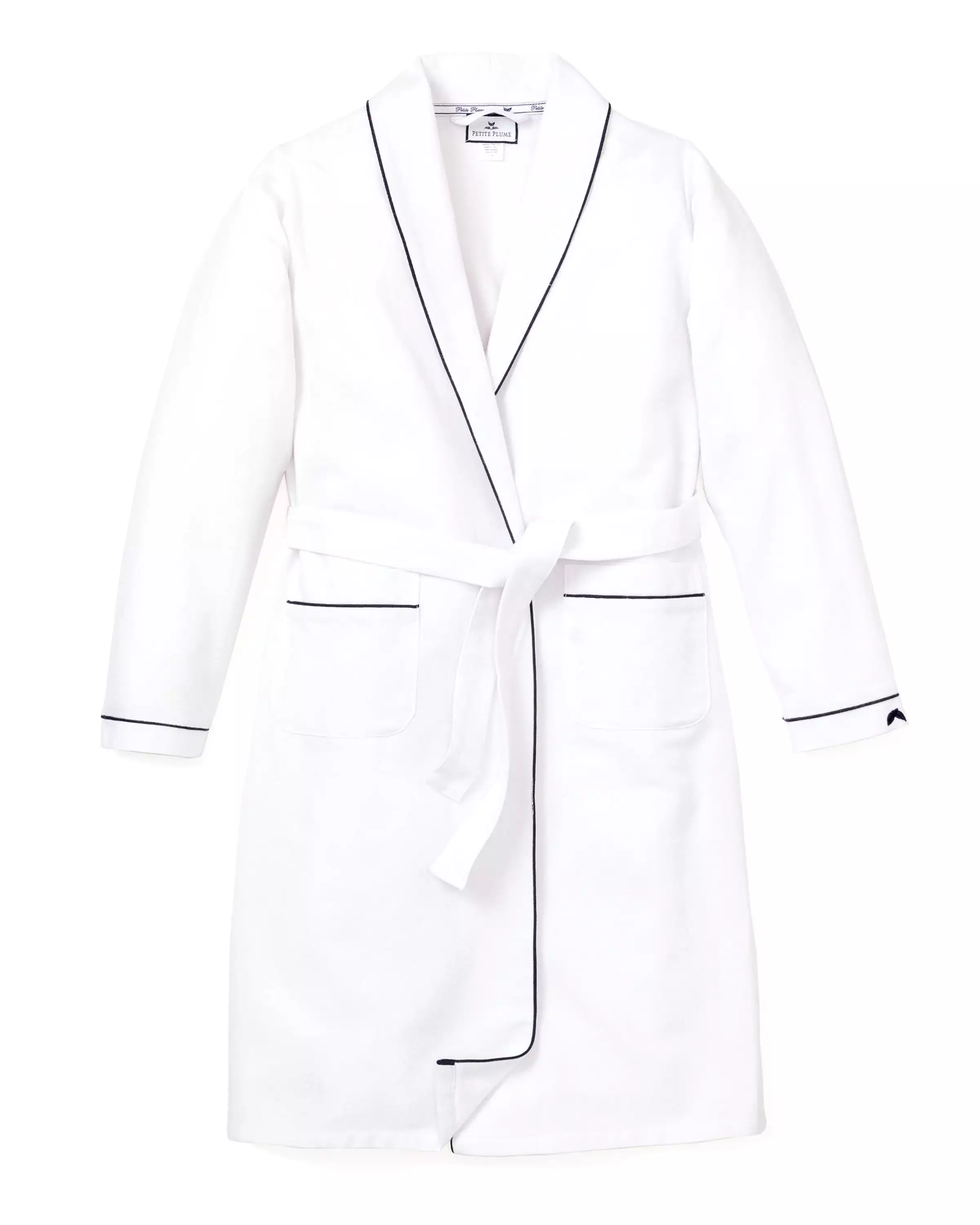 Women's White Flannel Robe with Navy Piping