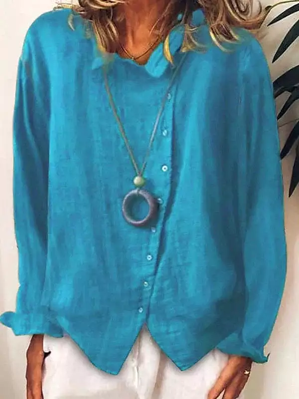 Women's White, Yellow, and Blue Button-Up Shirt Blouse