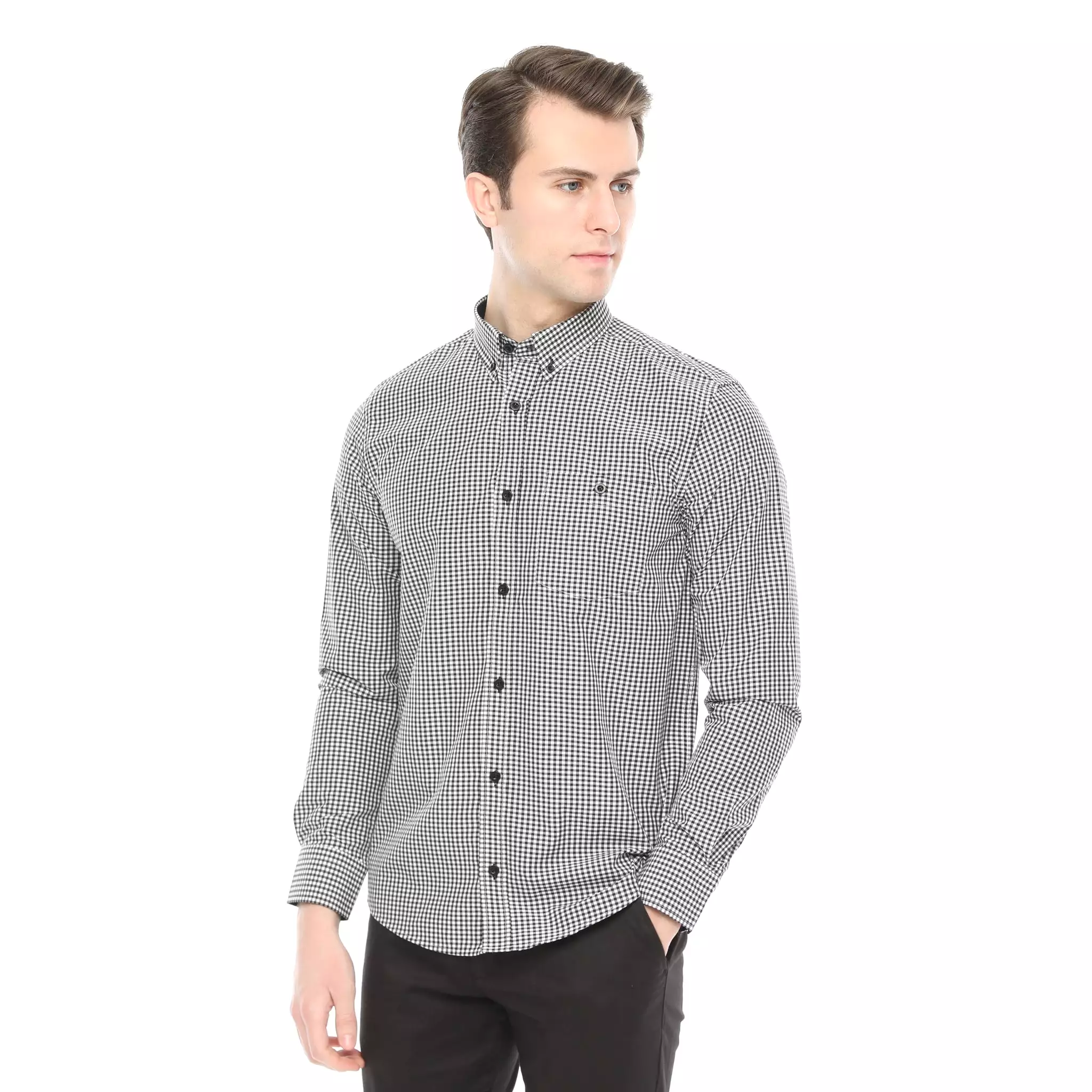 Xact Men's Gingham Check Shirt with Button-Down Collar - Long Sleeved