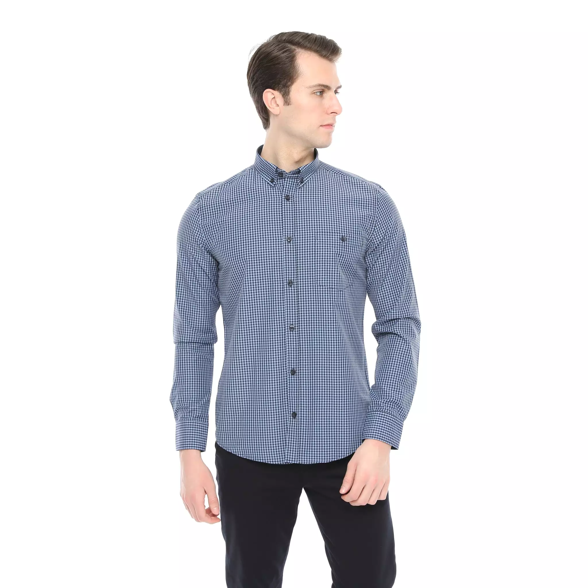 Xact Men's Gingham Check Shirt with Button-Down Collar - Long Sleeved