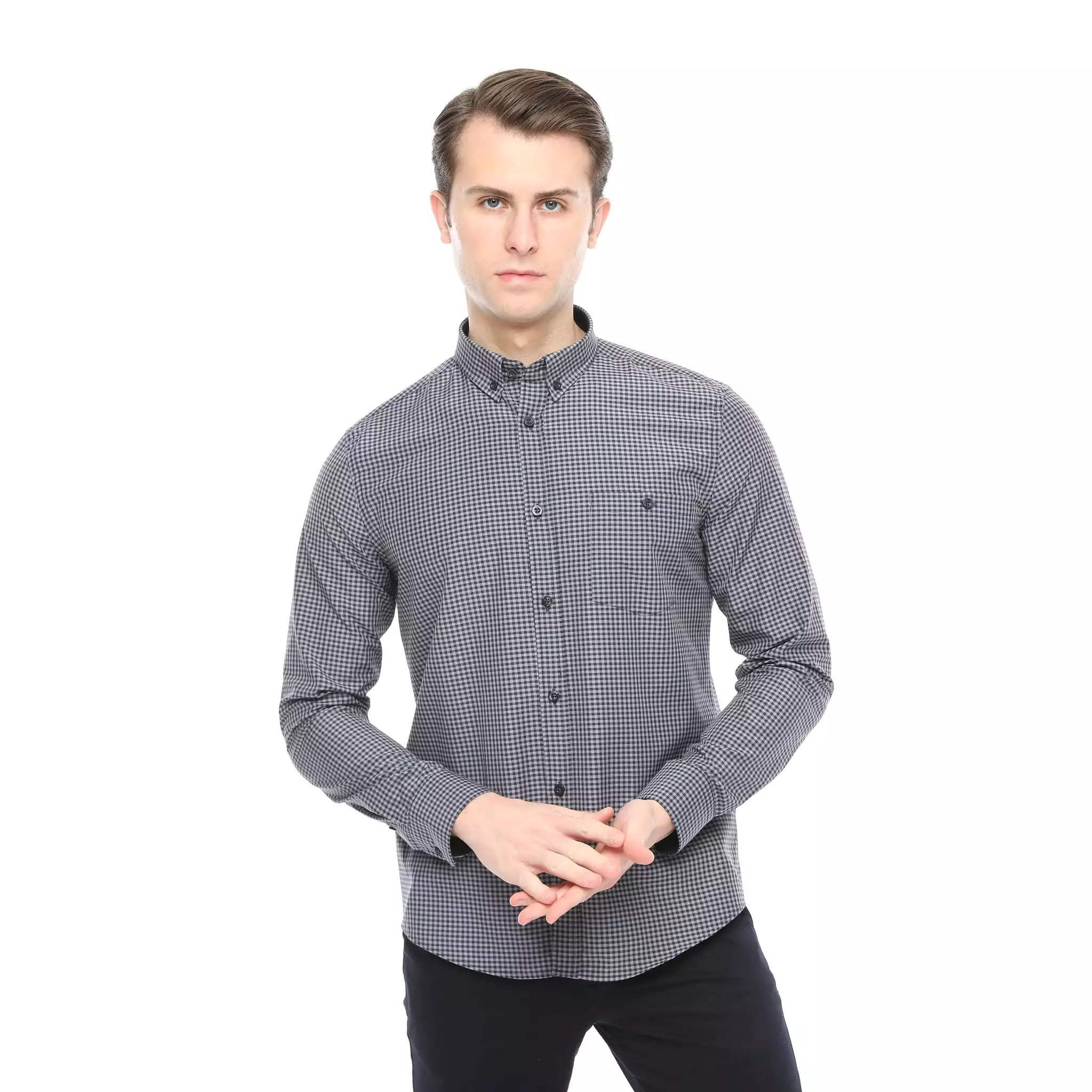 Xact Men's Gingham Check Shirt with Button-Down Collar - Long Sleeved