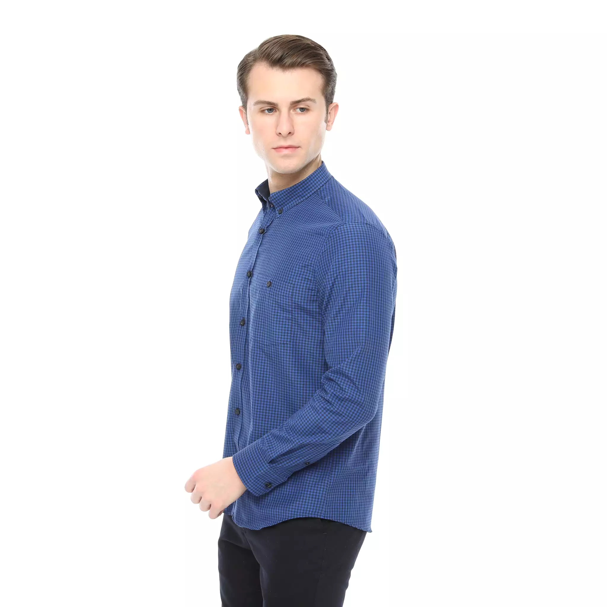 Xact Men's Gingham Check Shirt with Button-Down Collar - Long Sleeved