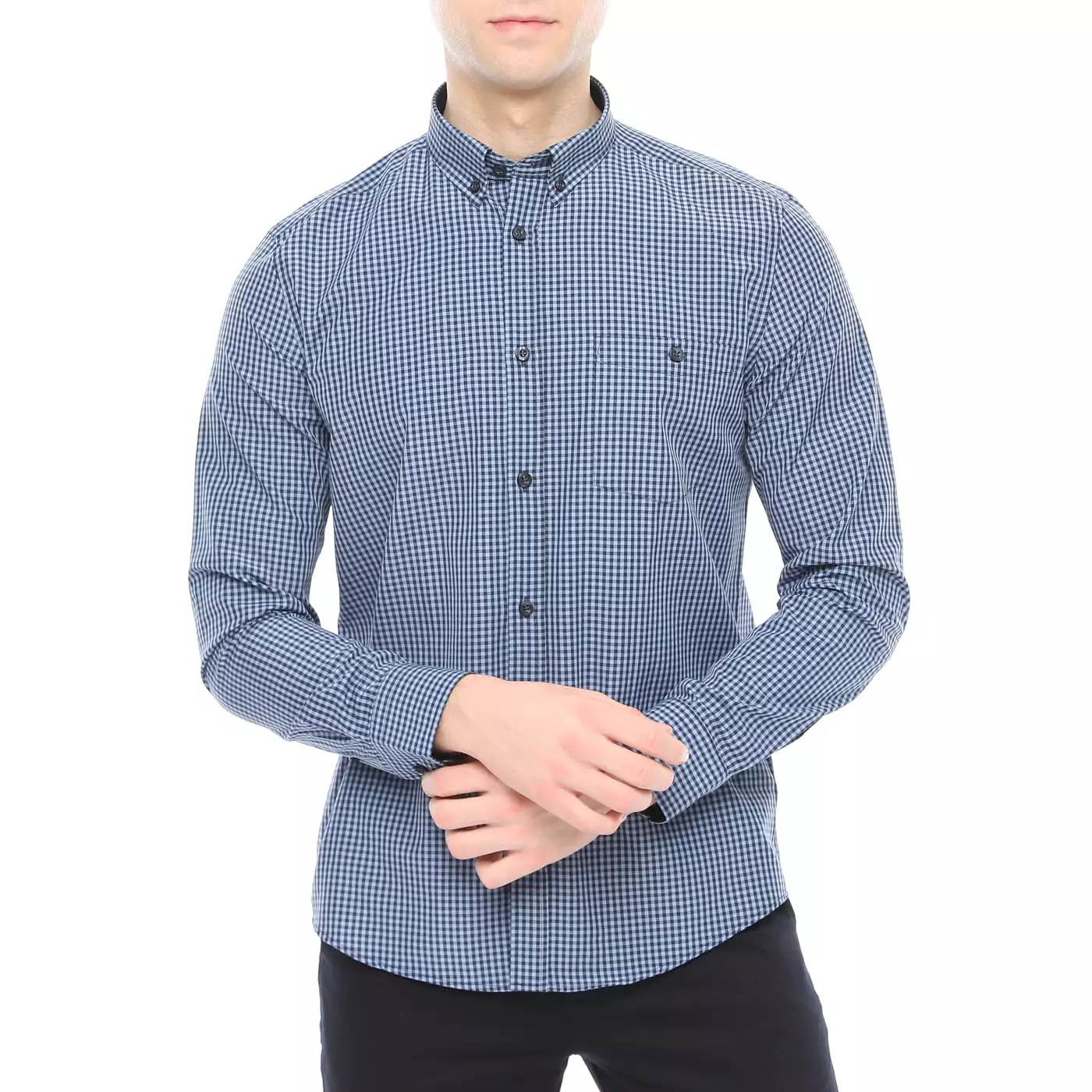 Xact Men's Gingham Check Shirt with Button-Down Collar - Long Sleeved