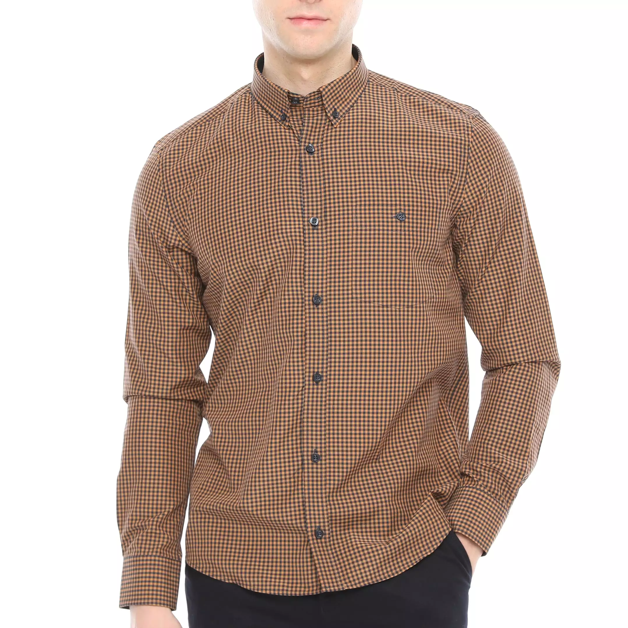 Xact Men's Gingham Check Shirt with Button-Down Collar - Long Sleeved