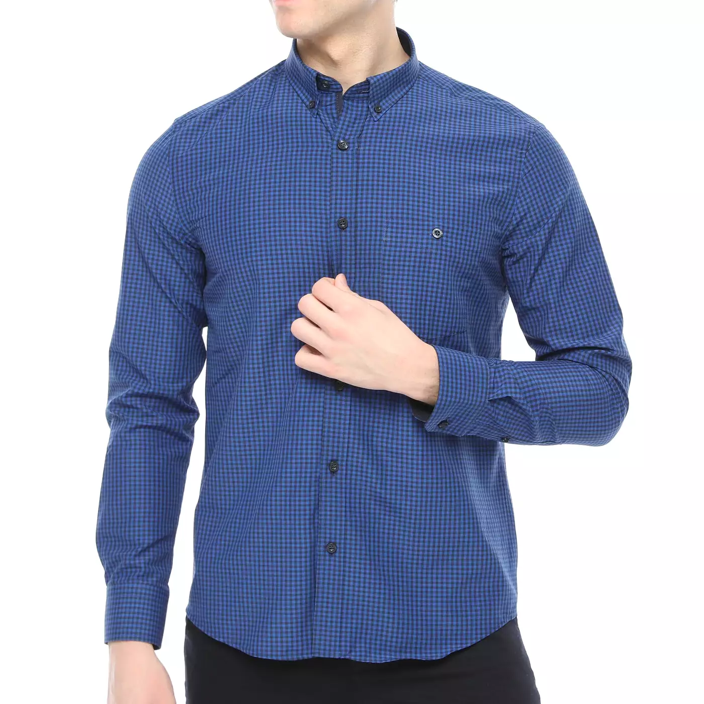 Xact Men's Gingham Check Shirt with Button-Down Collar - Long Sleeved