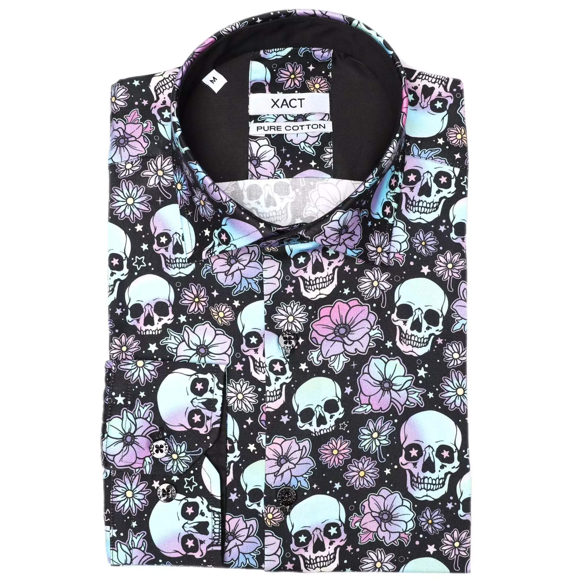 Xact Men's Holographic Skulls & Flower Print Long Sleeved Shirt, Regular Fit