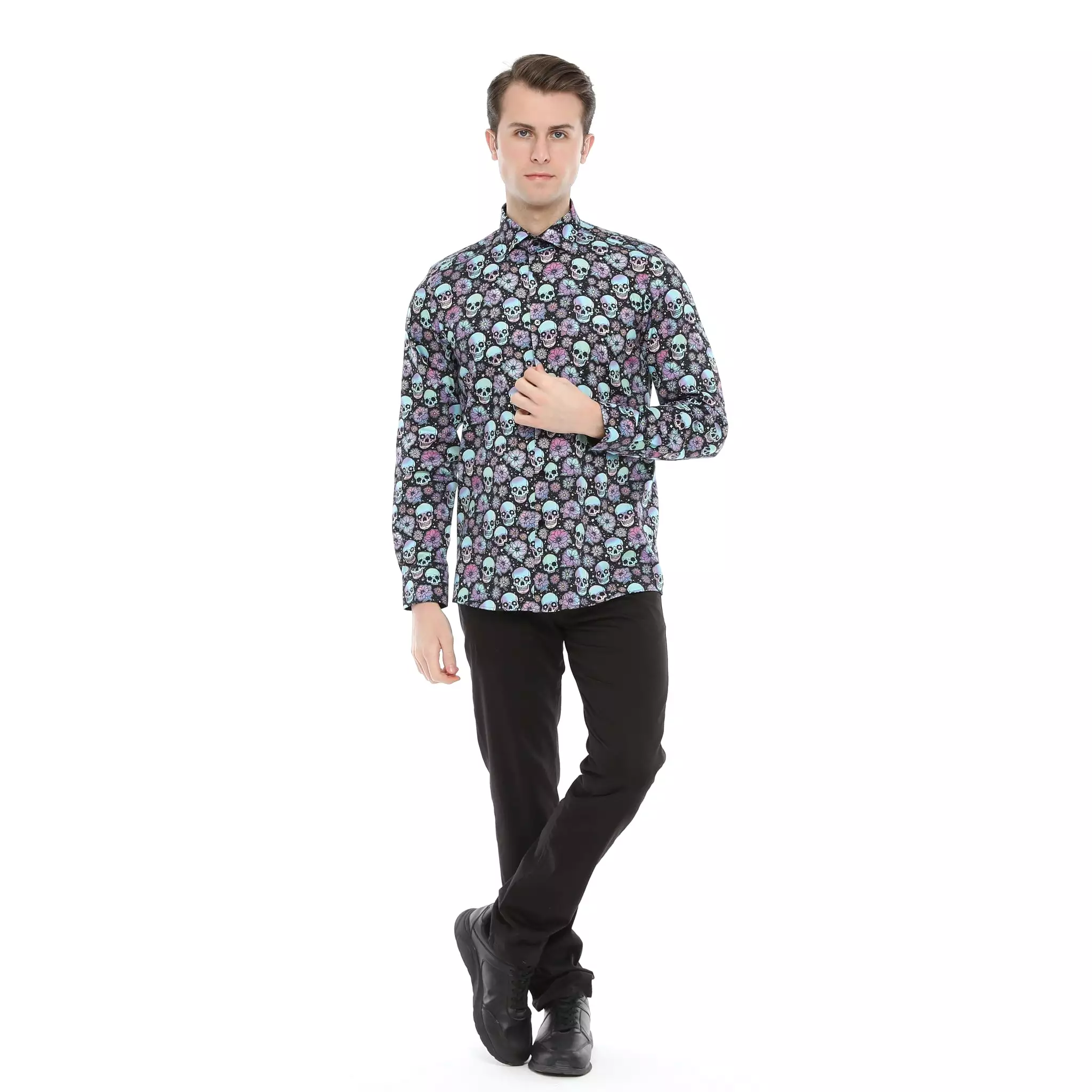 Xact Men's Holographic Skulls & Flower Print Long Sleeved Shirt, Regular Fit