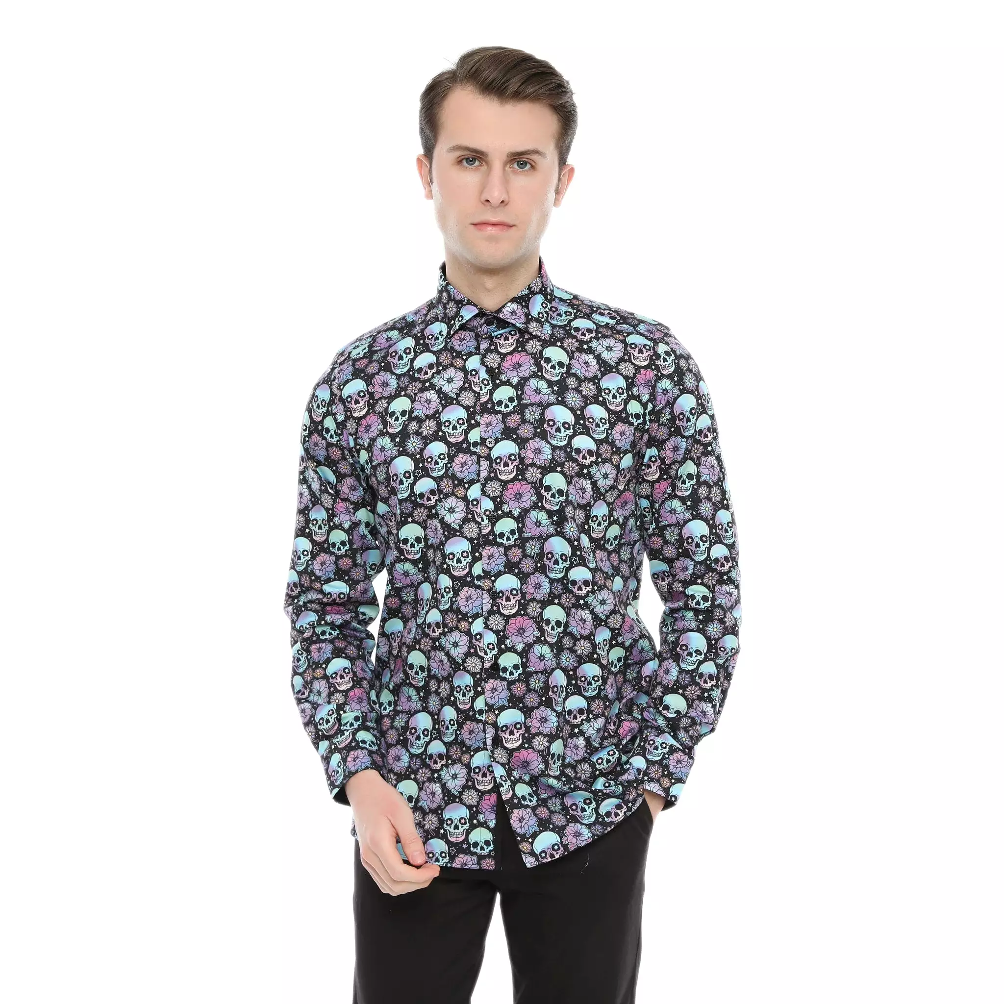 Xact Men's Holographic Skulls & Flower Print Long Sleeved Shirt, Regular Fit