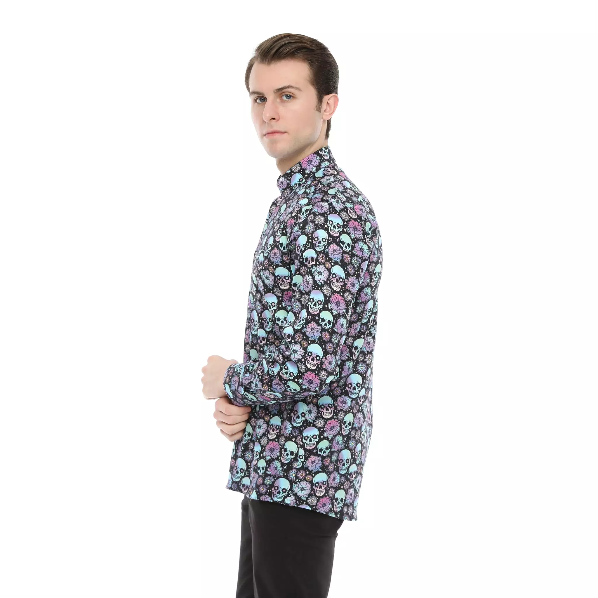 Xact Men's Holographic Skulls & Flower Print Long Sleeved Shirt, Regular Fit